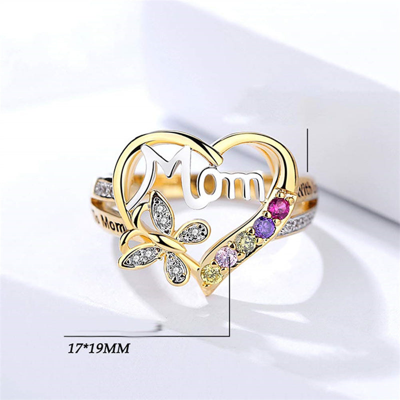 Mother's Day Gift Hollow Heart English Letter Love Mom Rhinestone Butterfly Finger Ring Jewelry Gift - Thrive Treasure