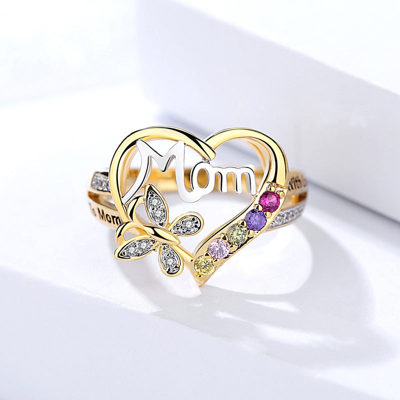 Mother's Day Gift Hollow Heart English Letter Love Mom Rhinestone Butterfly Finger Ring Jewelry Gift - Thrive Treasure