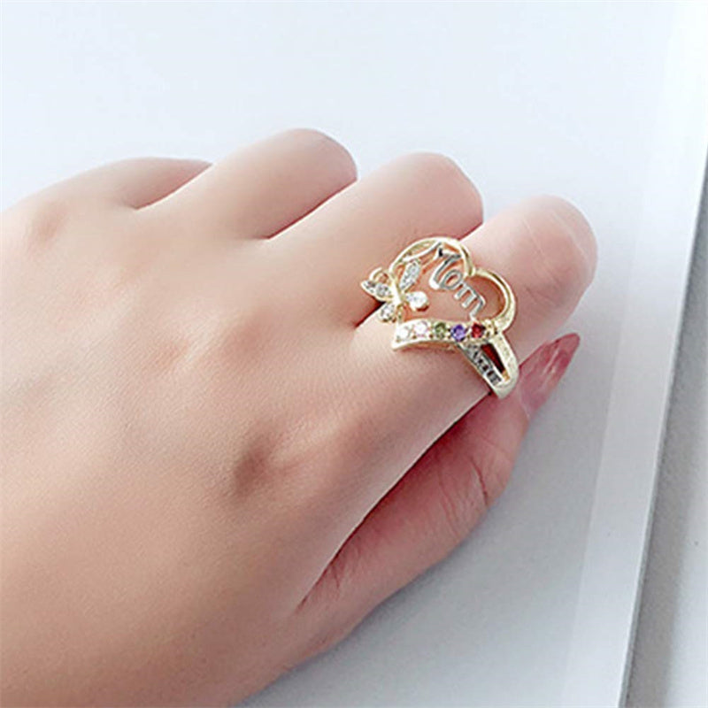 Mother's Day Gift Hollow Heart English Letter Love Mom Rhinestone Butterfly Finger Ring Jewelry Gift - Thrive Treasure