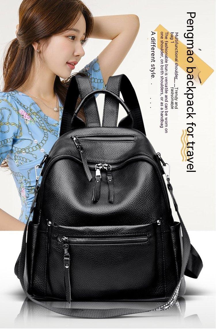 Top Layer Cowhide Backpack Girl Travel Large Capacity Schoolbag College Style Fashion All-matching - Thrive Treasure