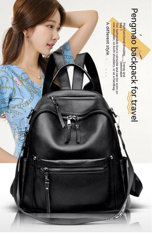 Top Layer Cowhide Backpack Girl Travel Large Capacity Schoolbag College Style Fashion All-matching - Thrive Treasure