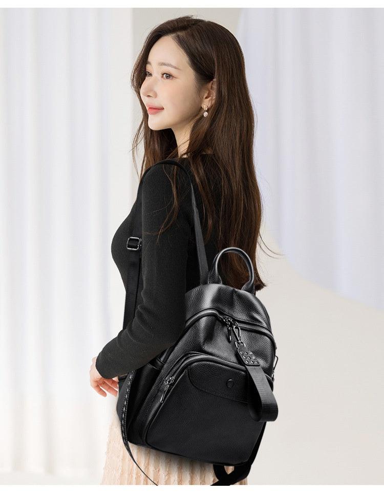 Korean Style Fashionable Large Capacity Preppy Style First Layer Cowhide Travel Backpack - Thrive Treasure