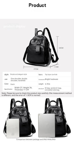 Korean Style Fashionable Large Capacity Preppy Style First Layer Cowhide Travel Backpack - Thrive Treasure