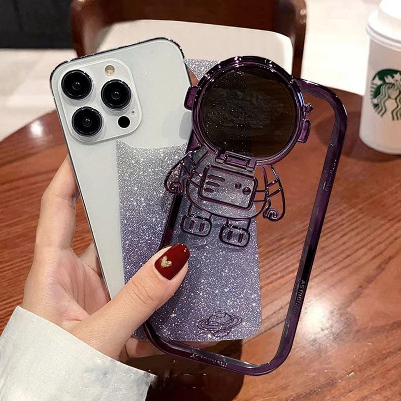 Glitter Astronaut Camera Stand Phone Case For IPhone 14 13 12 11 Pro Max XR 14 Plus Invisible Lens Bracket Plating Soft Cover - Thrive Treasure