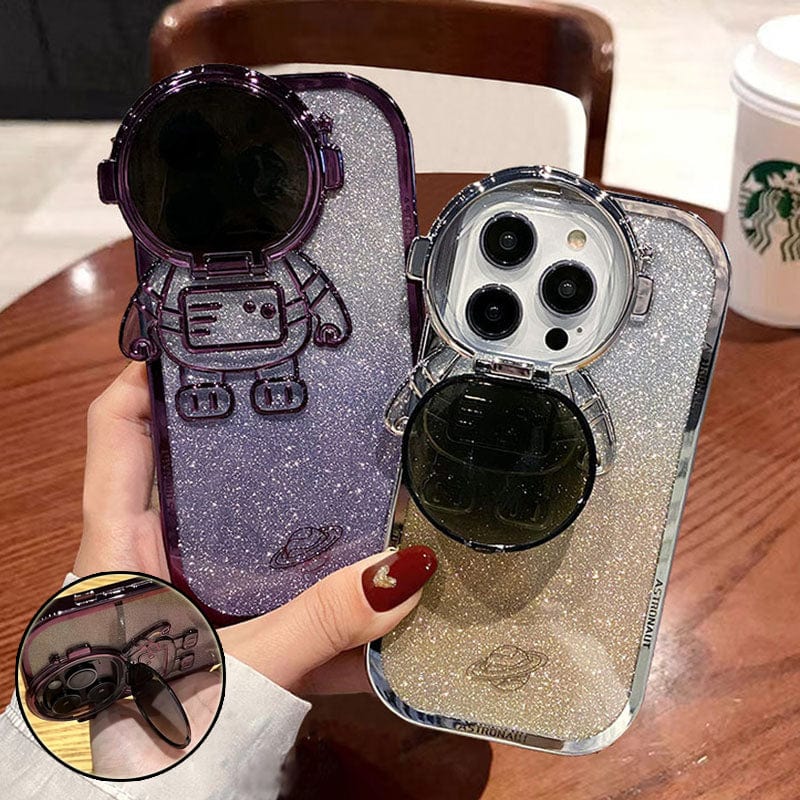 Glitter Astronaut Camera Stand Phone Case For IPhone 14 13 12 11 Pro Max XR 14 Plus Invisible Lens Bracket Plating Soft Cover - Thrive Treasure