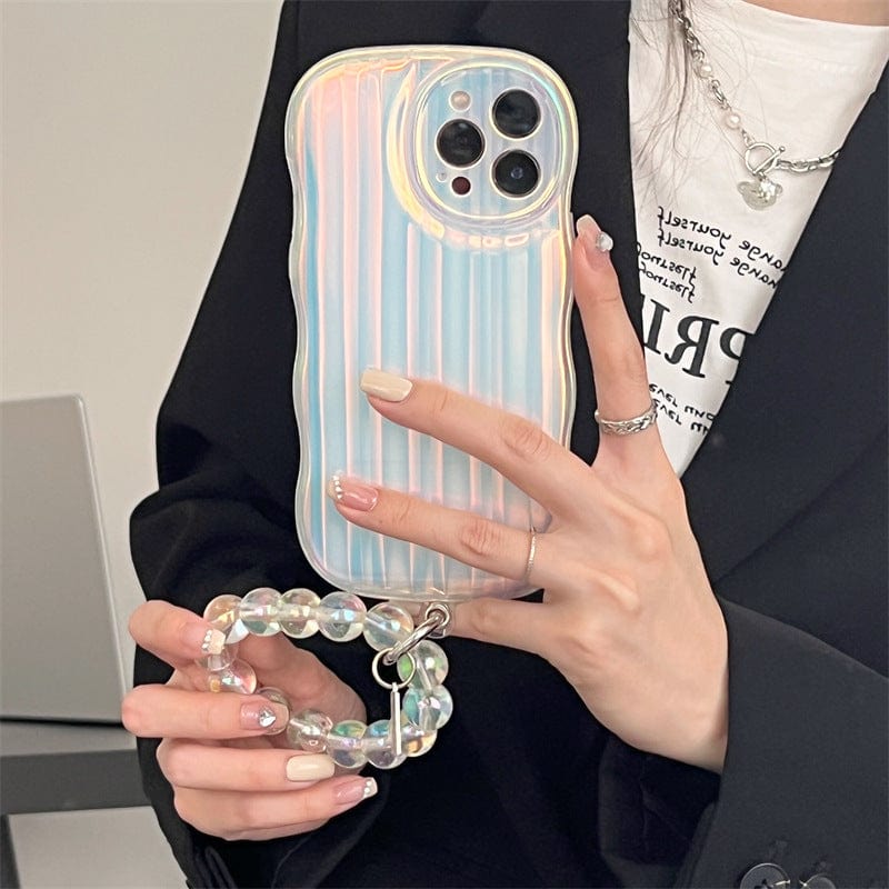 Laser Wave Silicone Phone Case Gradient Laser Stripes Bracelet Case For IPhone 14 13 12 11 Pro Max Plus Bead Chain - Thrive Treasure