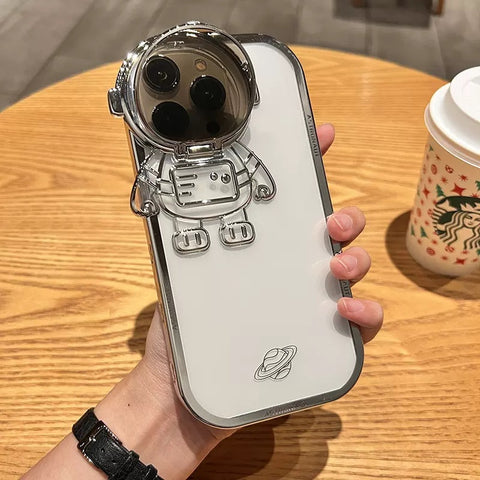 Glitter Astronaut Camera Stand Phone Case For IPhone 14 13 12 11 Pro Max XR 14 Plus Invisible Lens Bracket Plating Soft Cover - Thrive Treasure