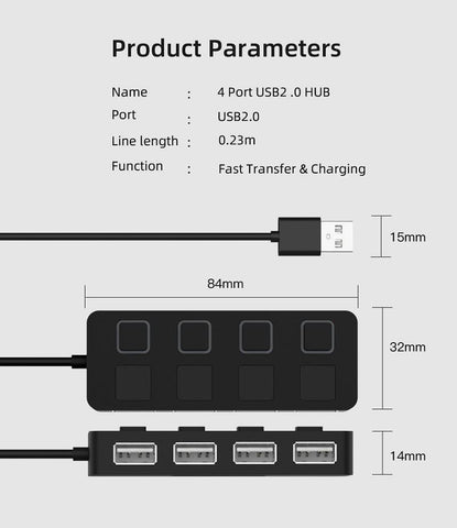 USB 2.0 HUB Multi USB Splitter 4 Expander USB Power Adapter Indicator Power USB Drives For Laptop PC - Thrive Treasure