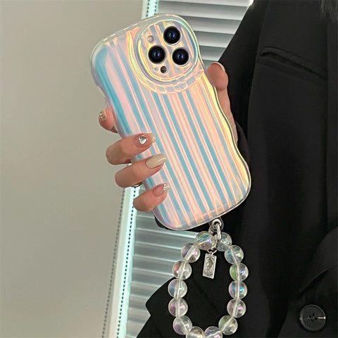 Laser Wave Silicone Phone Case Gradient Laser Stripes Bracelet Case For IPhone 14 13 12 11 Pro Max Plus Bead Chain - Thrive Treasure